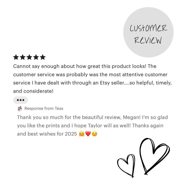 May include: Five-star review of a product with a positive comment about the customer service. The reviewer says the customer service was helpful, timely, and considerate. The seller responds with a thank you and best wishes for the new year.