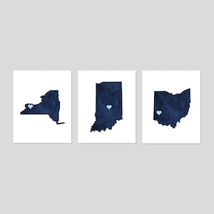 3 State Prints, State Wall Art, States Map Art, Set of Three State Prints or Canvas, Modern Farmhouse Decor, Custom Moving Gift for Friend White / Grungy Blue