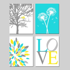 Yellow Aqua Gray Baby Nursery Art Birds in a Tree, Love, Abstract Floral Burst, Dandelions Print Set of 4 Nursery Prints or Canvas Art As displayed #1