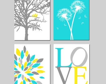 Yellow Aqua Gray Baby Nursery Art - Birds in a Tree, Love, Abstract Floral Burst, Dandelions Print - Set of 4 Nursery Prints or Canvas Art