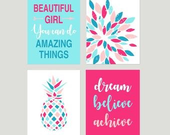 Teen Girl Room Decor, Tween Girls Bedroom Decor, Positive Quotes for Girls, Set of 4 Pineapple Prints or Canvas