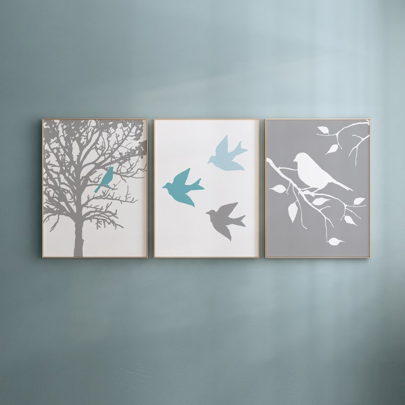 Modern Bird Trio, Set of Three Prints or Canvas, Bird Nursery Decor, Bird Bedroom Decor, Bird Prints, Bird Canvas Art CHOOSE YOUR COLORS gray/blues