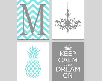 Teen Girl Room Decor Personalized, Tween Girl Wall Art, Aqua Girls Bedroom Decor, Set of 4 Prints or Canvas