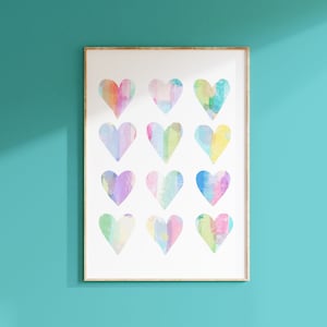 Colorful Hearts Print, Young Girl Gift, Pastel Girls Room Decor Hearts, Tween Girl Bedroom Decor, Watercolor Hearts Art PRINT OR CANVAS
