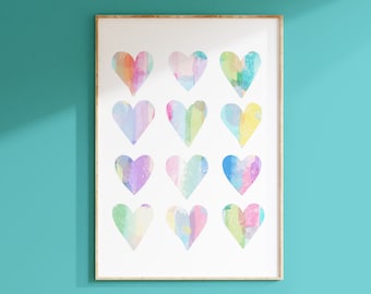 Colorful Hearts Print, Young Girl Gift, Pastel Girls Room Decor Hearts, Tween Girl Bedroom Decor, Watercolor Hearts Art PRINT OR CANVAS