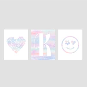 May include: Three pastel-colored illustrations: a heart made of smaller hearts, the letter K, and a smiley face with flower and heart eyes.