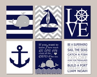 Whale Nursery Decor Navy, Nautical Nursery Art, Toddler Boys Room Decor, Set of 6 Prints or Canvas