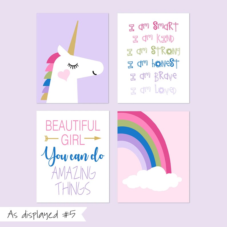 Girl Room Decor Unicorn Room Decor for Girls, Unicorn Rainbow Prints, Unicorn Wall Art, Quotes for Girls, Set of 4 Unicorn Prints or Canvas As displayed #5