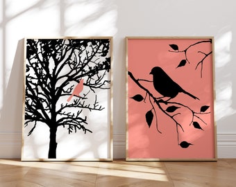 Birds and Tree Prints, Set of Two Bird Prints or Bird Canvas Art, Bird in a Tree Print, Bird Wall Art, Nature Wall Art, Guest Bedroom Decor