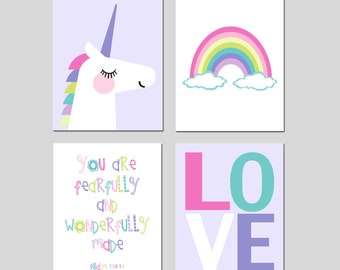 Unicorn Wall Art, Unicorn Decor, Fearfully and Wonderfully Made, Unicorn Room Decor Unicorn and Rainbow, Set of 4 Unicorn CANVAS OR PRINTS