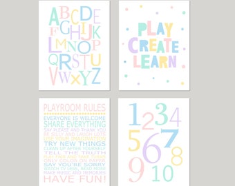 Playroom Art for Girls, Pastel Playroom Decor, Playroom Rules, Girl Playroom Signs, Set of 3 Prints or Canvas