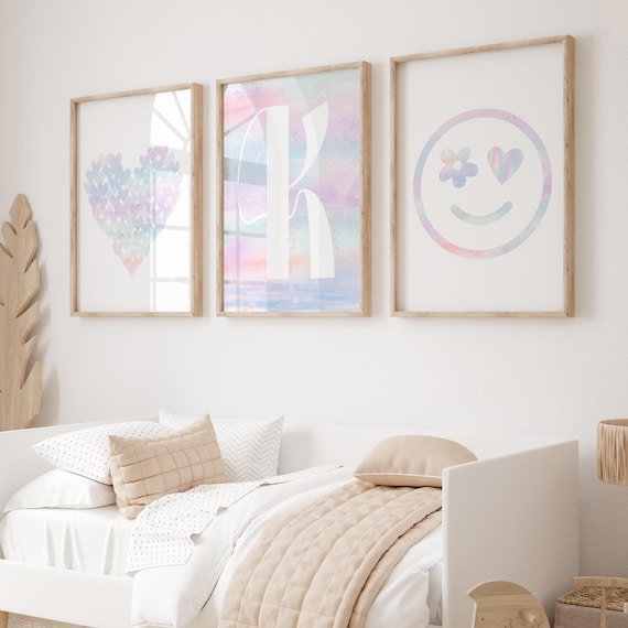 Tween Room Decor Girl, Colorful Smiley Face Wall Art, Little Girls Bedroom Decor Pastel, Personalized Tween Gifts, Set of 3 PRINTS OR CANVAS