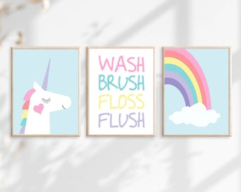 Girls Bathroom Decor, Unicorn Rainbow Bathroom Art Unicorn Bathroom Decor Unicorn Bathroom Art, Wash Brush Flush, Set of 3 Canvas or Prints