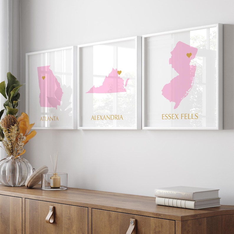 Pu&ograve; includere: Tre stampe incorniciate bianche con contorni rosa degli stati della Georgia, della Virginia e del New Jersey. Ogni stato ha un cuore dorato che segna una posizione specifica. Le stampe sono etichettate "Atlanta", "Alexandria" e "Essex Fells".