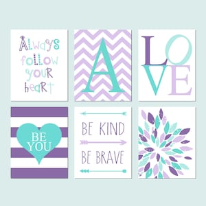 Girl Bedroom Wall Art, Purple Teal Room Decor, Tween Girl Room Decor, Positive Quotes for Girls Bedroom Decor, Set of 6 PRINTS OR CANVAS