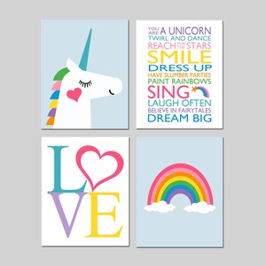 Girl Bedroom Decor Unicorn Rainbow Decor Girls Room Decor Unicorn Decor, Unicorn Wall Art Prints, Set of 4 UNICORN CANVAS ART Unicorn Prints