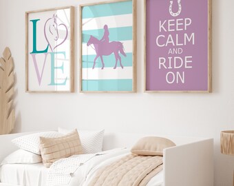 Reiten Kunst für Kinder, Pferdezimmer Dekor Mädchen, Pferdesport Kunst für Mädchen, Pony Wandkunst, Set aus 3 DRUCKEN ODER LEINWAND
