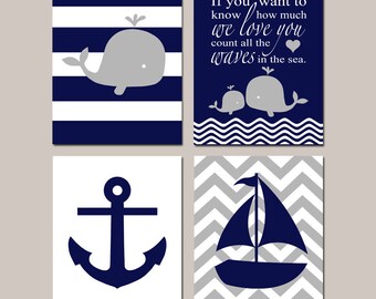 Whale Nursery Decor, Nautical Nursery Art, Baby Boy Nursery Ideas - Set of 4 Prints or Canvas