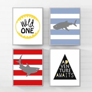 Shark Decor for Kids Shark Wall Art, Shark Room Decor Kids Shark Bedroom Art, Shark Bedroom Decor, Set of 4 Shark Prints or Shark Canvas Art