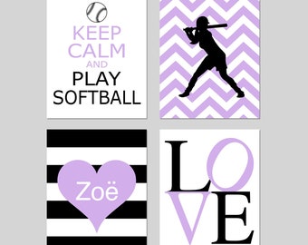 Softball Decor, Softball Room Decor, Softball Wall Art, Athletic Girl Sports Decor, Girls Softball Gifts, Set of 4 Softball PRINTS OR CANVAS