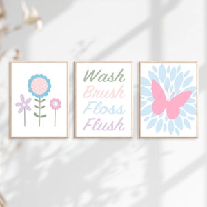 Butterfly Bathroom Art for Girls Bathroom Decor, Flower Bathroom Pictures, Wash Brush Floss Flush Sign, Set of 3 Butterfly PRINTS OR CANVAS