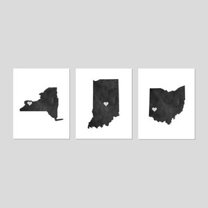 3 State Prints, State Wall Art, States Map Art, Set of Three State Prints or Canvas, Modern Farmhouse Decor, Custom Moving Gift for Friend White / Grungy Black