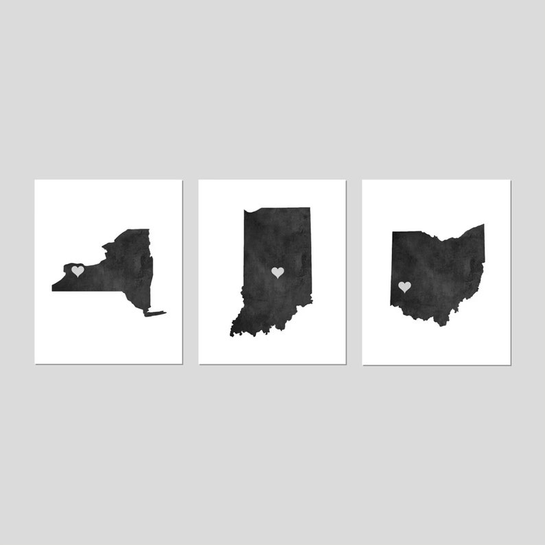 3 State Prints, State Wall Art, States Map Art, Set of Three State Prints or Canvas, Modern Farmhouse Decor, Custom Moving Gift for Friend White / Grungy Black