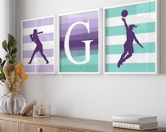 Girls Sports Decor, Softball Wall Art, Set of 3 Girl Sports Prints or Canvas, Girls Basketball Decor, Teen Girl Wall Art