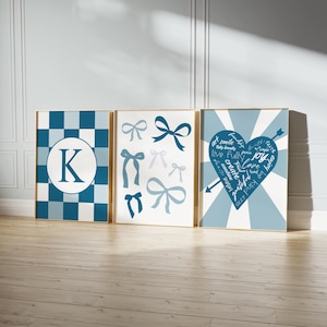 Preppy Room Decor for Teens, Tween Girl Room Decor Blue Bow Print, Teen Girl Wall Art Blue, Gifts for Tween Girls, Set of 3 PRINTS OR CANVAS