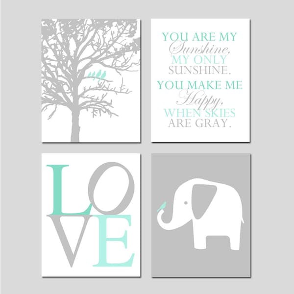 Mint Nursery Prints, Mint Nursery Decor, Mint Nursery Art, Mint Elephant Nursery Art, Set of 4 Prints for Nursery - CHOOSE YOUR COLORS