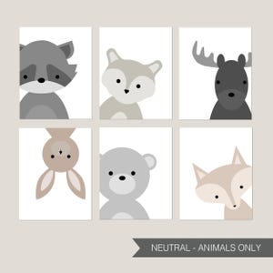 May include: Set of six printable nursery art prints featuring cute animal illustrations in neutral colors. The animals include a raccoon, fox, moose, bunny, bear, and fox.