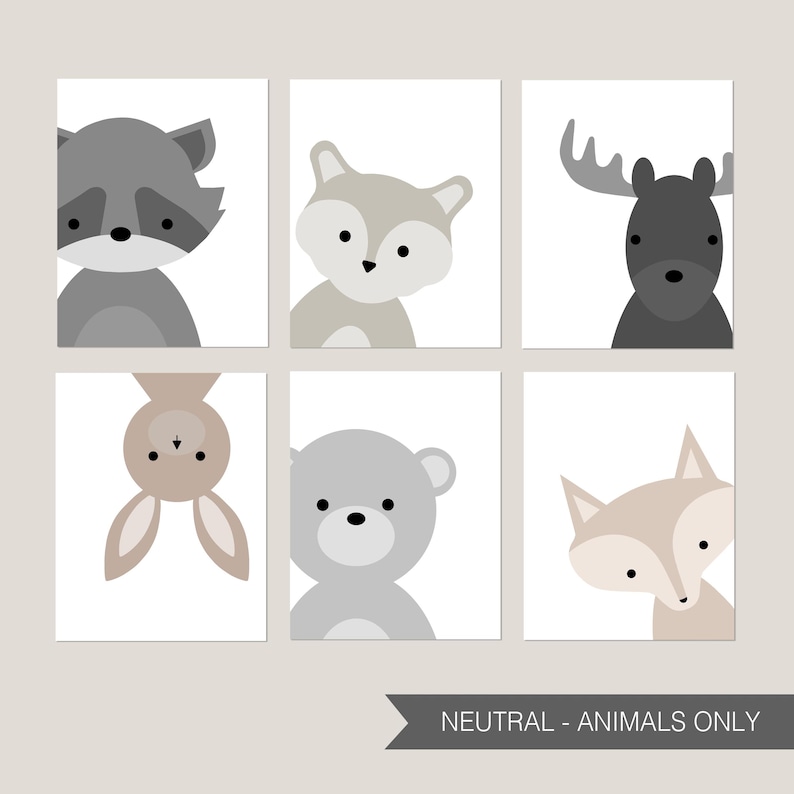 May include: Set of six printable nursery art prints featuring cute animal illustrations in neutral colors. The animals include a raccoon, fox, moose, bunny, bear, and fox.