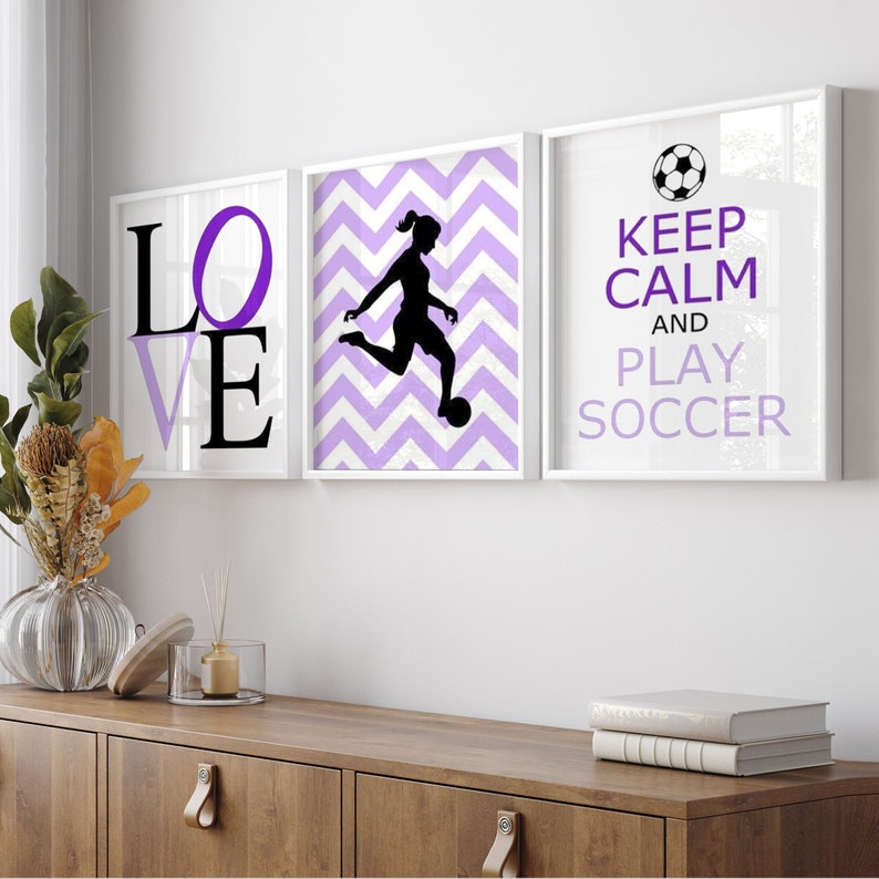 Girl Soccer Gifts Girl Soccer Decor Girl Soccer Art Soccer Room Decor Soccer Wall Art Set of 3 Soccer Prints for Girl PRINTS OR CANVAS purples / black