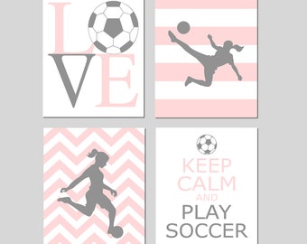 Soccer Wall Art, Girls Soccer Decor, Girls Soccer Gifts, Soccer Room Decor, Soccer Bedroom Art, Set of 4 Soccer Prints or Soccer Canvas Art