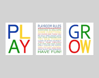 Playroom Wall Art, Playroom Rules Sign, Play Room Decor, Set of 3 Prints or Canvas