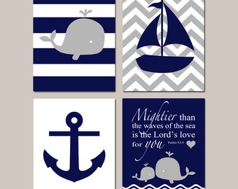 Whale Nursery Decor, Nautical Nursery Art for Boys, Bible Verse, Set of 4 Whale Prints or Canvas