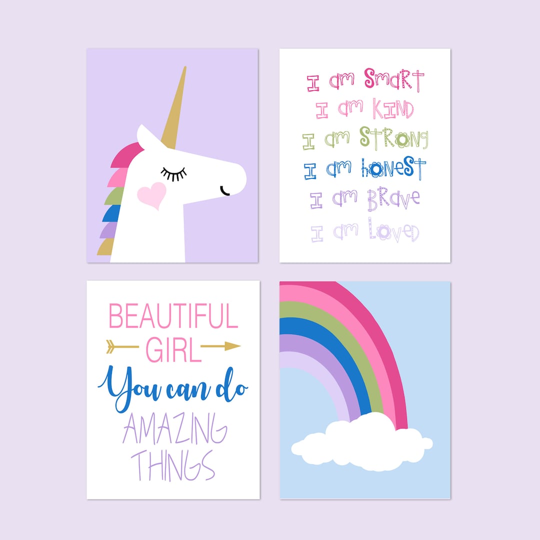 Decorazioni per la cameretta con unicorno e arcobaleno, citazioni ispiratrici per la cameretta delle ragazze, set di 4 stampe o tele con unicorno. - Italia