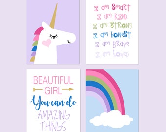 Unicorn Rainbow Room Decor, Young Girl Room Decor, Inspiring Quotes for Girl Bedroom Decor, Set of 4 Unicorn Prints or Unicorn Canvas Art