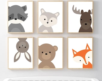 Woodland Nursery Decor Boy, Woodland Animal Nursery, Woodland Nursery Prints, Modern Woodland Nursery Art Set of 6 Woodland Prints or Canvas