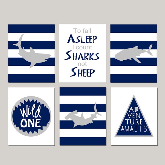 Set of 6 Shark Prints or Canvas, Shark Decor for Boys Room, Shark Nursery Art, Boys Bedroom Decor