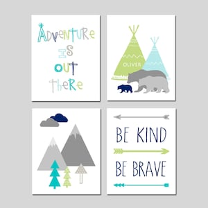 Boy Adventure Decor Boy Adventure Nursery Art Bear Nursery Decor Mountain Nursery Decor Teepee Nursery Set of 4 Canvas or Set of 4 Prints