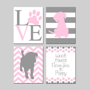 Puppy Nursery Art Baby Girl Nursery Art Puppy Nursery Decor Pink and Grey Nursery Art Dog Nursery Art Set of 4 Prints or Puppy Canvas Art