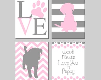 Puppy Nursery Art Baby Girl Nursery Art Puppy Nursery Decor Pink and Grey Nursery Art Dog Nursery Art Set of 4 Prints or Puppy Canvas Art