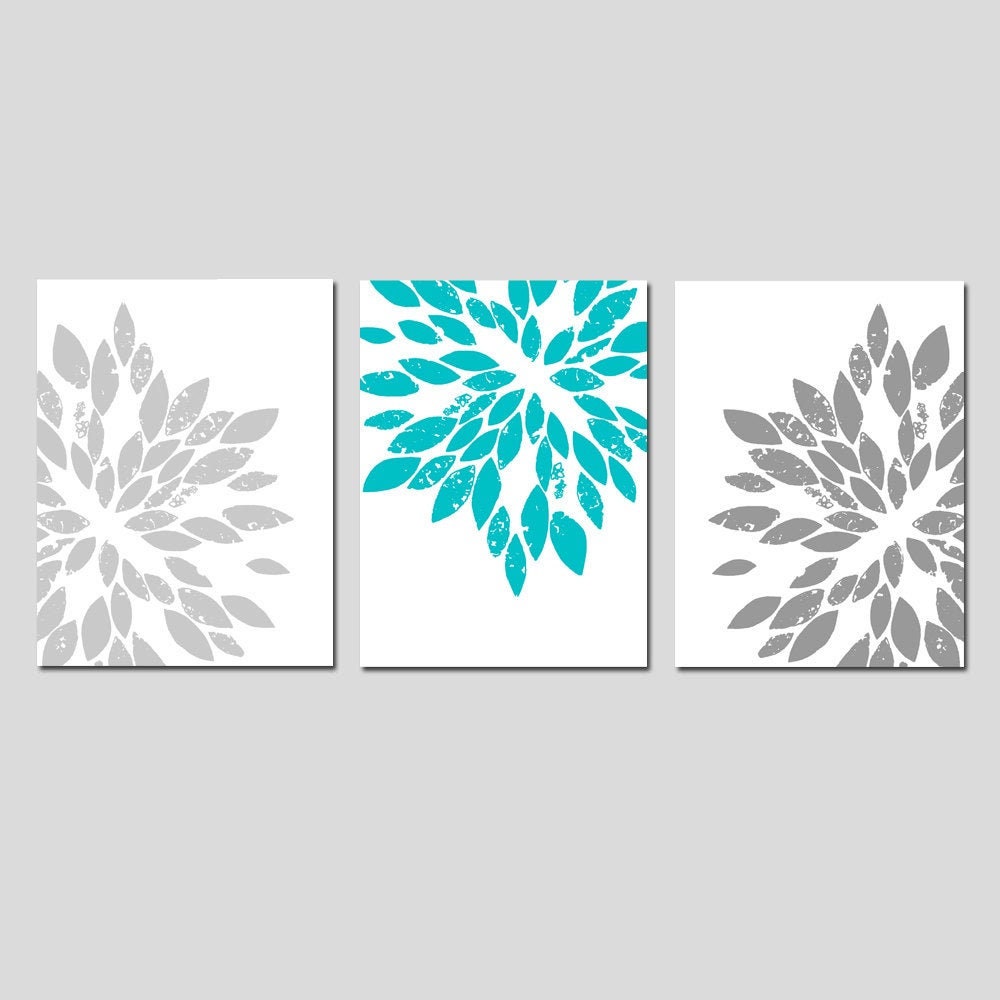 Teen Girl Room Decor Set of 3 Canvas or Prints Turquoise and Grey