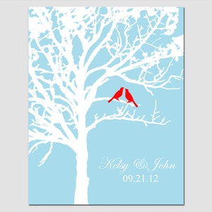 Lovebird Wedding Tree 8x10 Customizable Print Choose Your Colors Shown in Gray, Yellow, Blue, Pink GREAT WEDDING GIFT As displayed #3