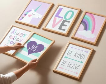 Unicorn Wall Art Kids, Unicorn Decor for Girls Room, Unicorn Bedroom Decor Girls, Set of 6 Unicorn Prints or Six Unicorn Canvas Wall Art