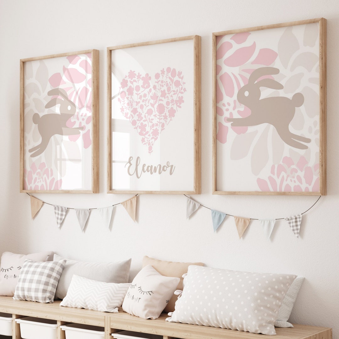 Bunny Nursery Decor Girl, Rabbit Nursery Art, Floral Bunny Prints for ...