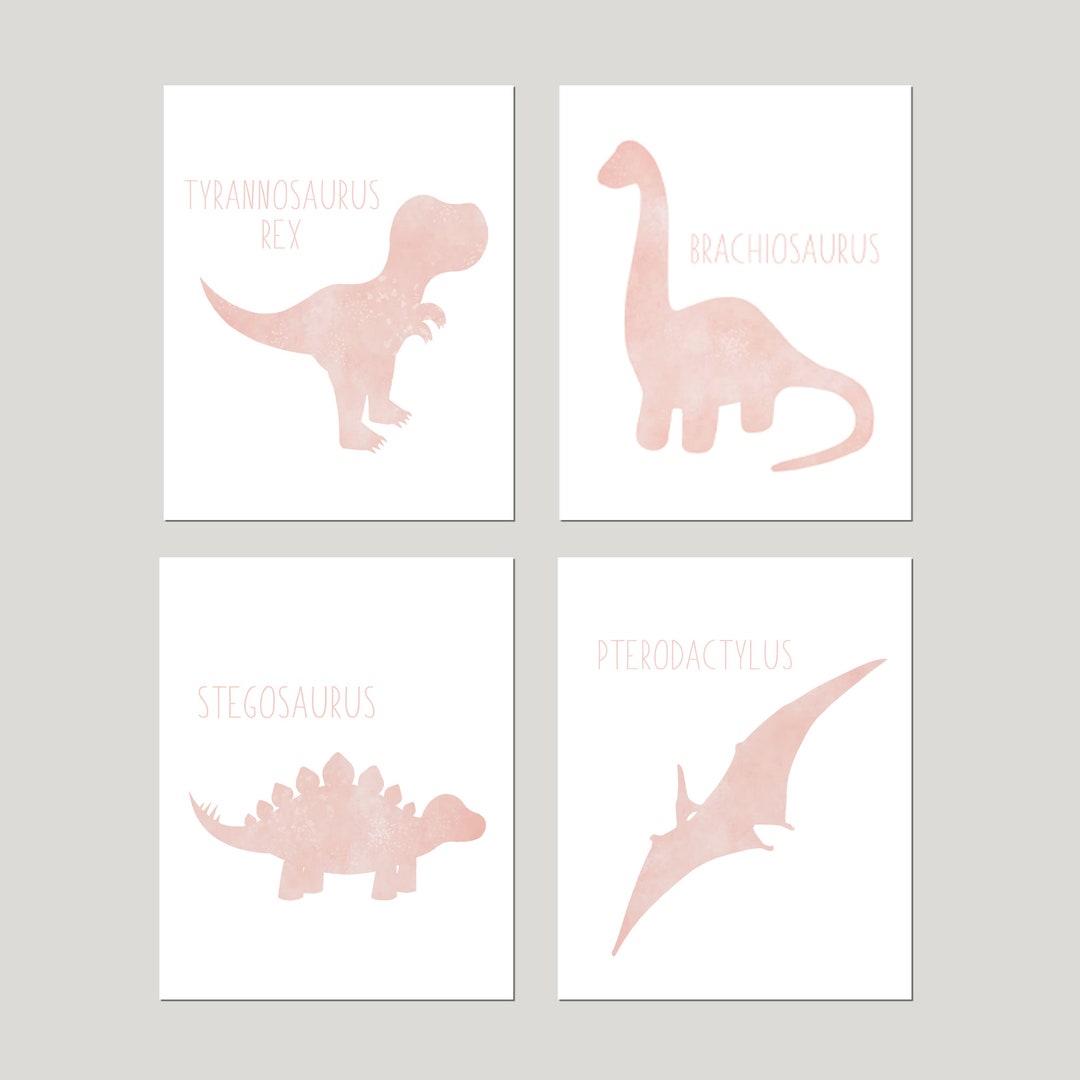 Girls Dinosaur Prints, Pink Dinosaur Wall Art for Girl Bedroom Decor