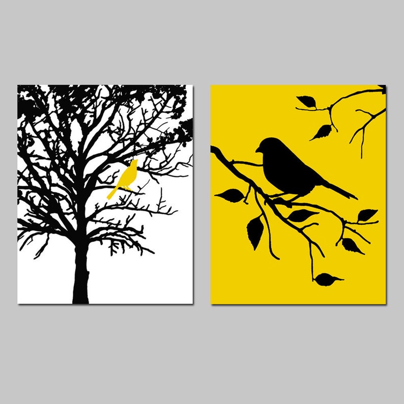 Birds and Trees Set of Two 8x10 Bird Prints Bird in a Tree Print Bird Wall Art CHOOSE YOUR COLORS Shown in Yellow, Black, White image 1