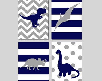 Dino Wall Art, Dinosaur Nursery Decor, Toddler Boys Room Decor, Set of 4 Prints or Canvas